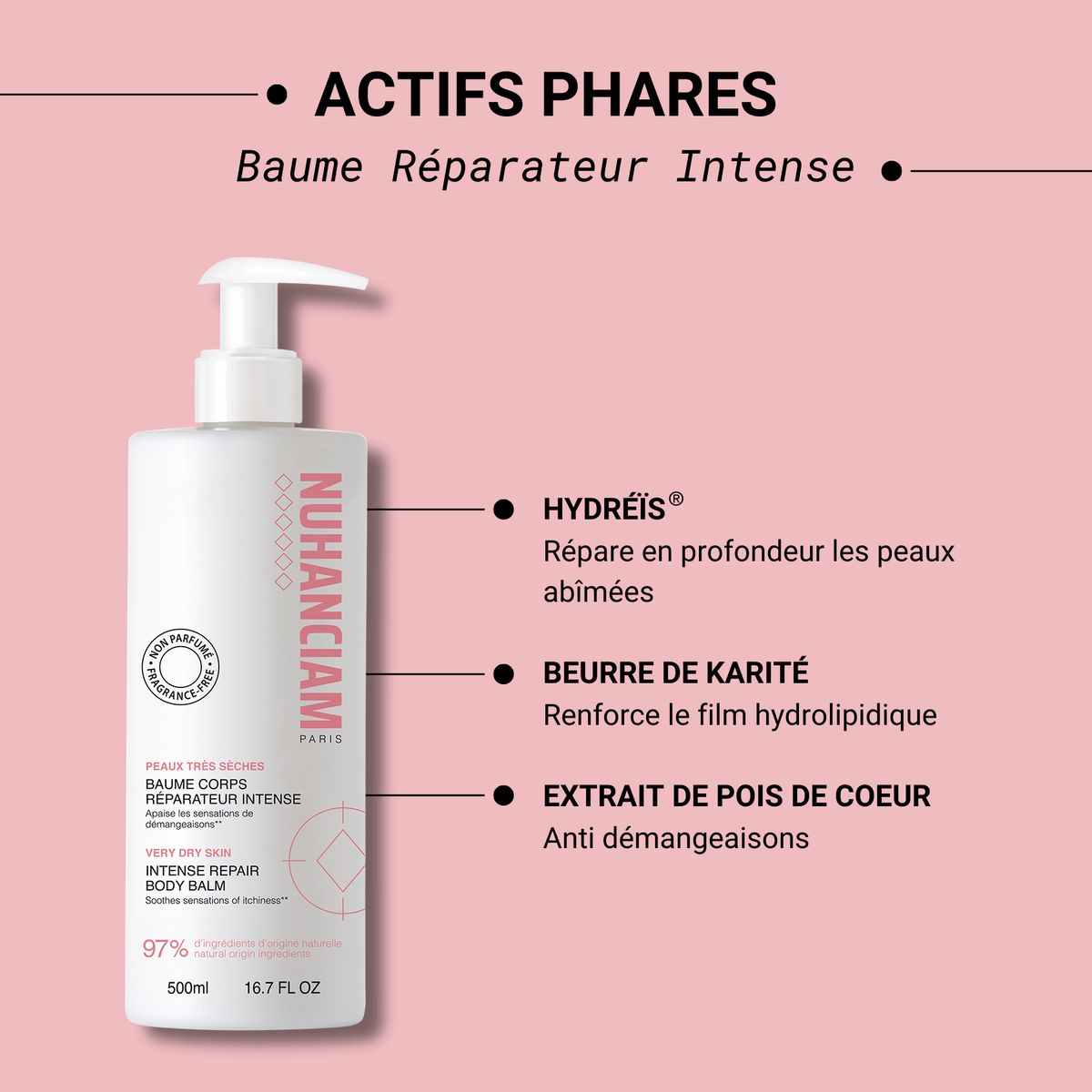Nuhanciam Baume Corps Réparateur Intense – Peaux Très Sèches 500 ml
