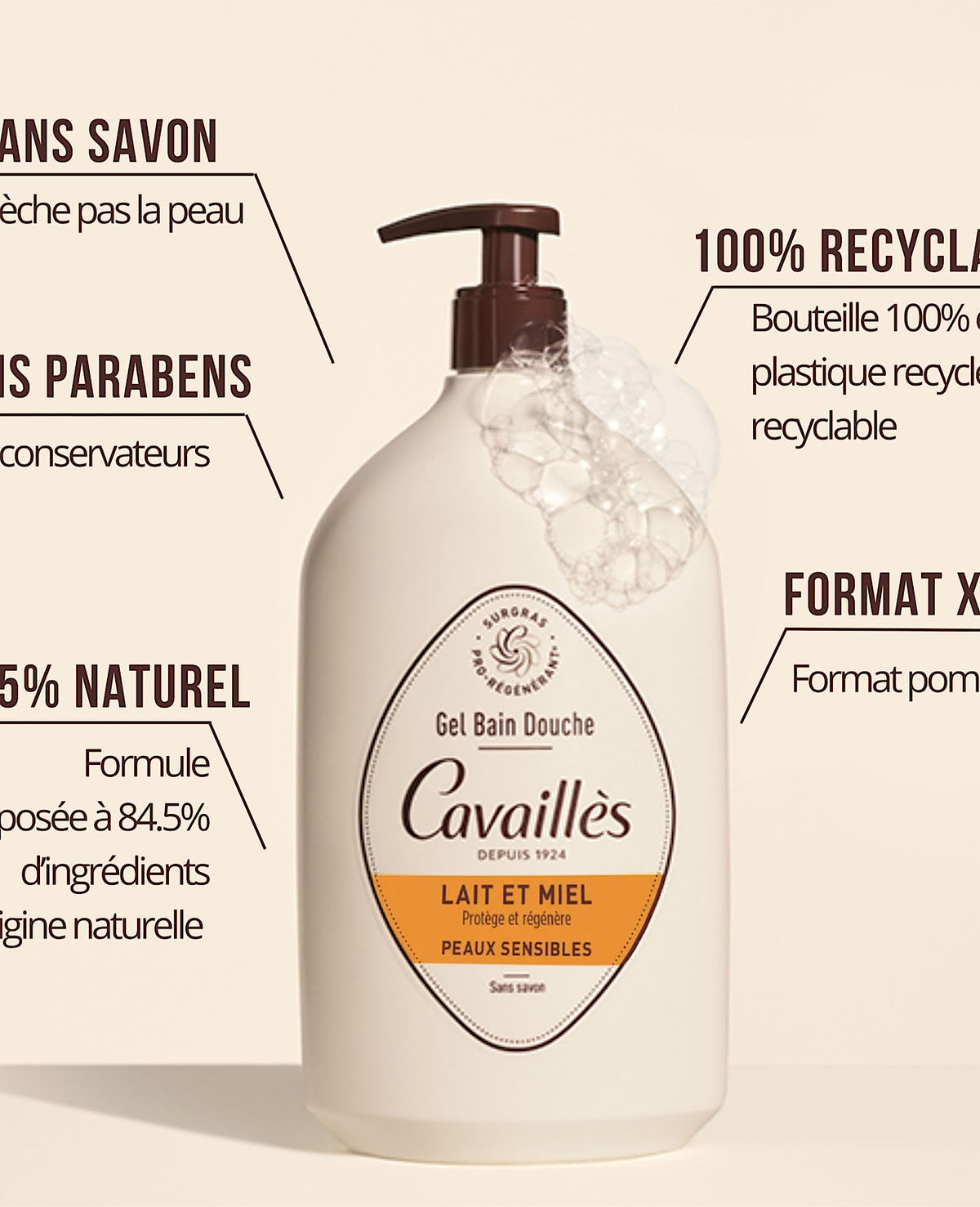 Cavaillès Gel Bain Douche Lait & Miel – Peaux Sensibles – 1 L